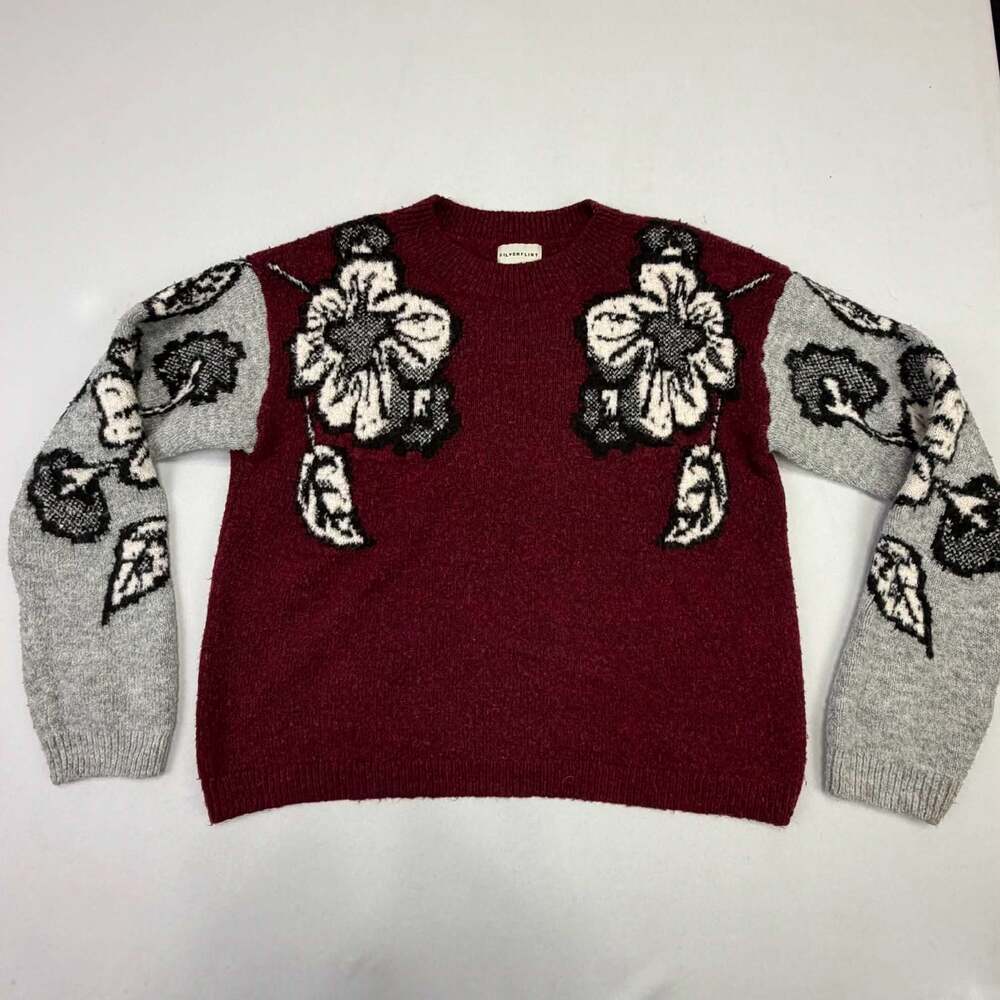 Silverflint Maroon and Grey Floral Pattern Crewneck Sweater